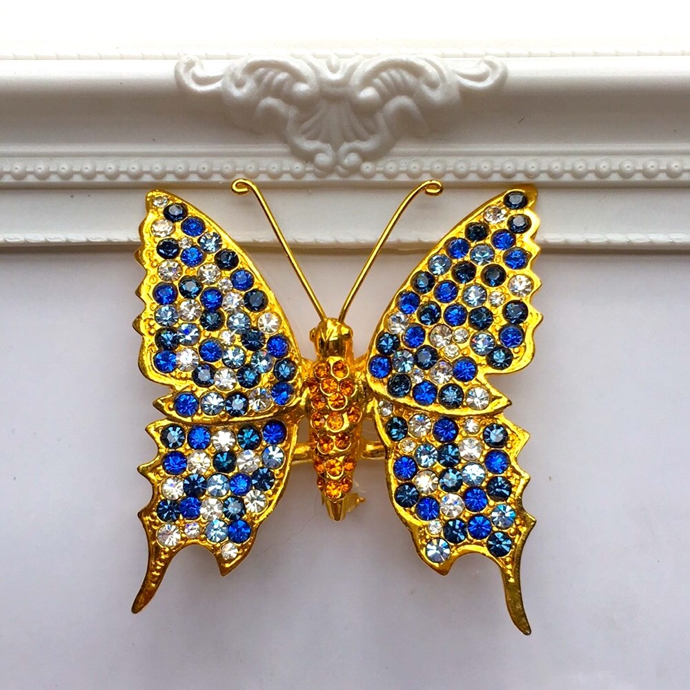 New Big Beautiful Gold Rhinestone Butterfly Brooch. This Pin is ready to fly